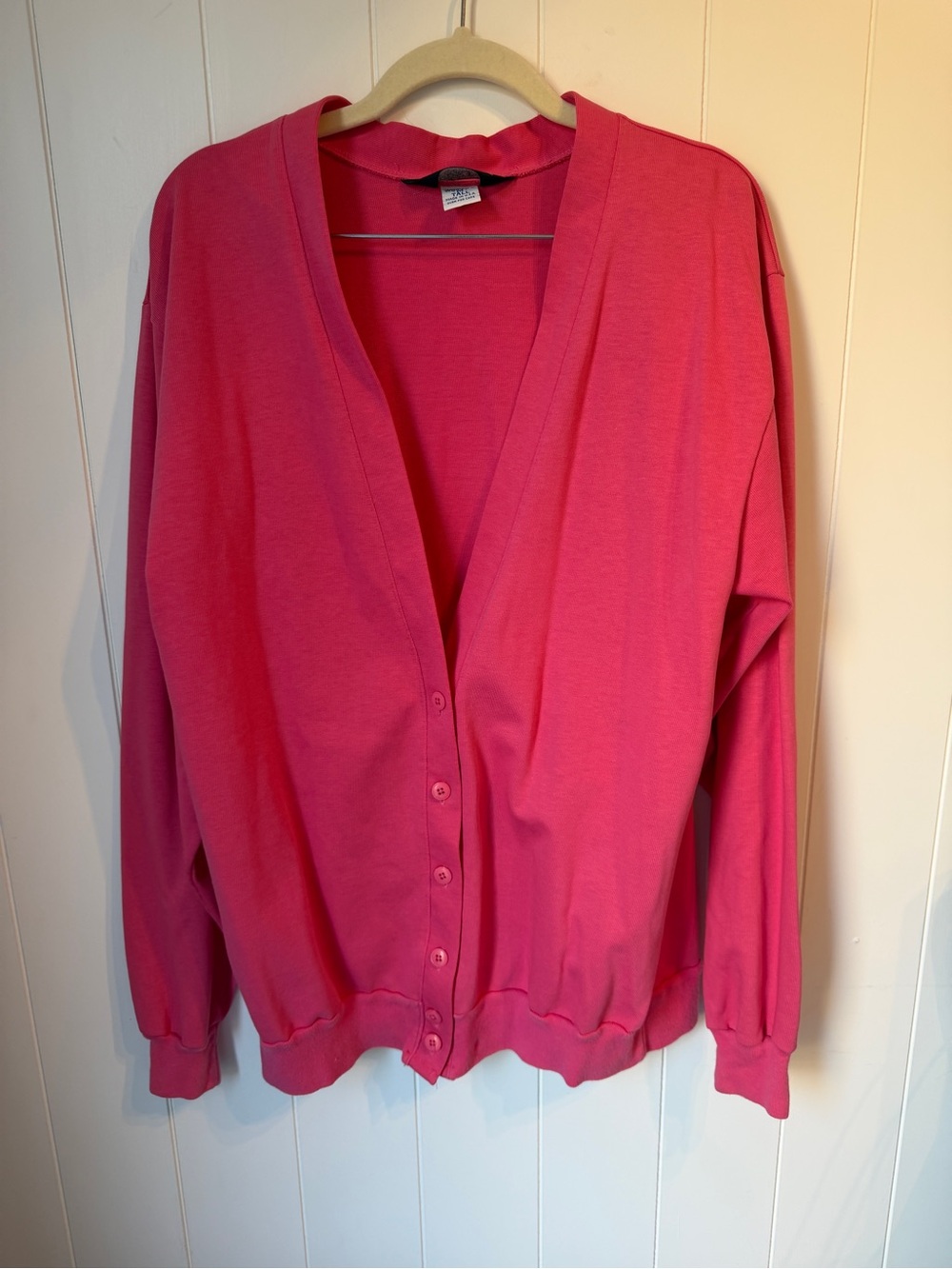 VTG Lands End Cardigan Sweater Pink Made In USA 100% Cotton V-Neck